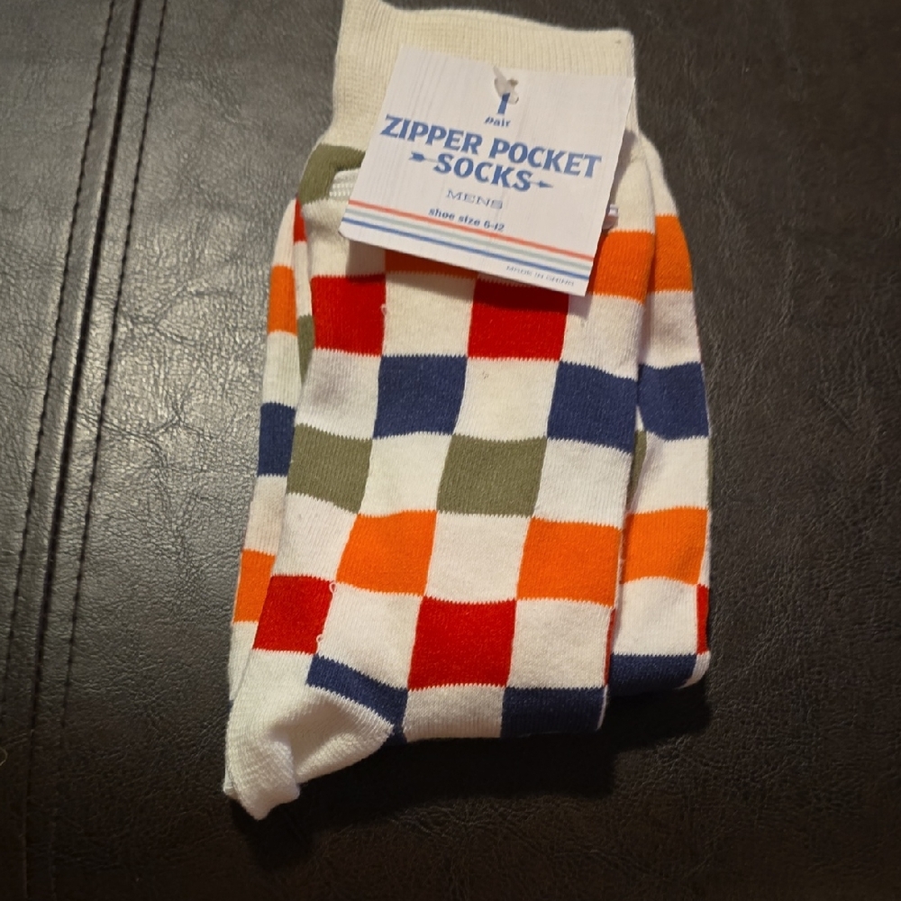 Men's Zipper pocket Socks - Multicolor Checkered Size 6-12